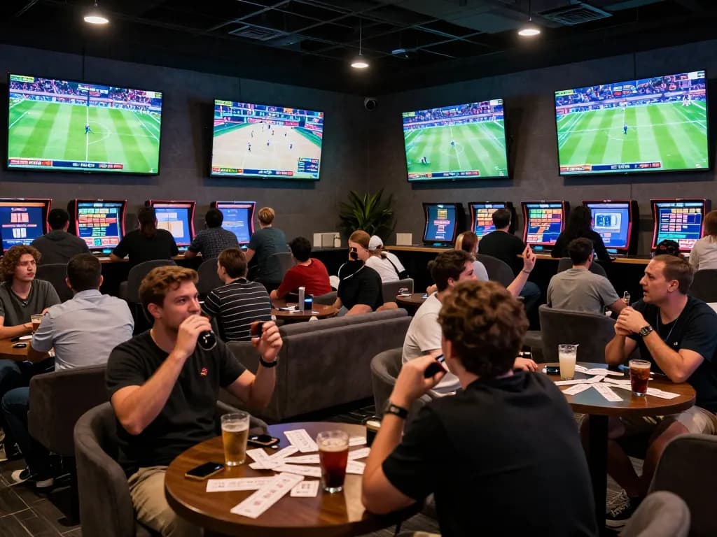 Exciting crowd placing bets on live sports in a vibrant lounge atmosphere, showcasing keo nha cai action.