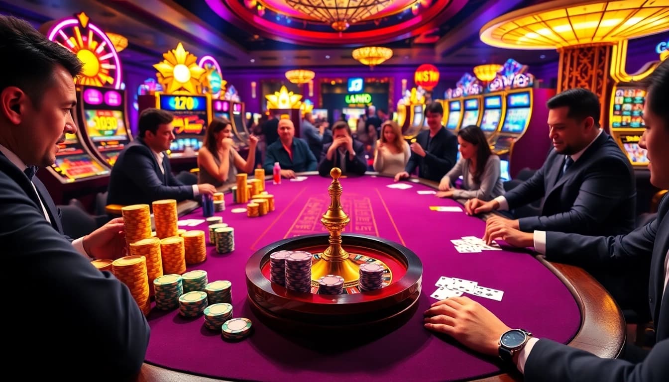 Gamblers enjoying a professional experience at 13win.com with vibrant poker tables and roulette wheels.