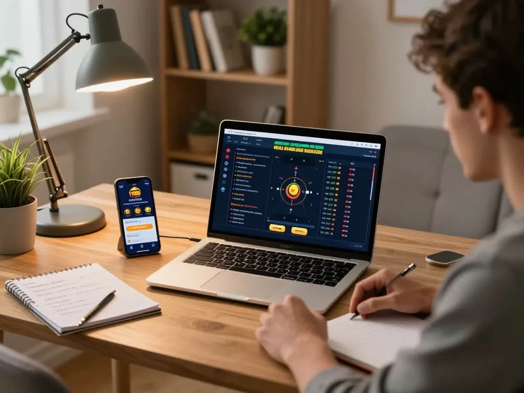 Engaging in strategic online gambling with tr88 casino app on a laptop in a cozy home office.