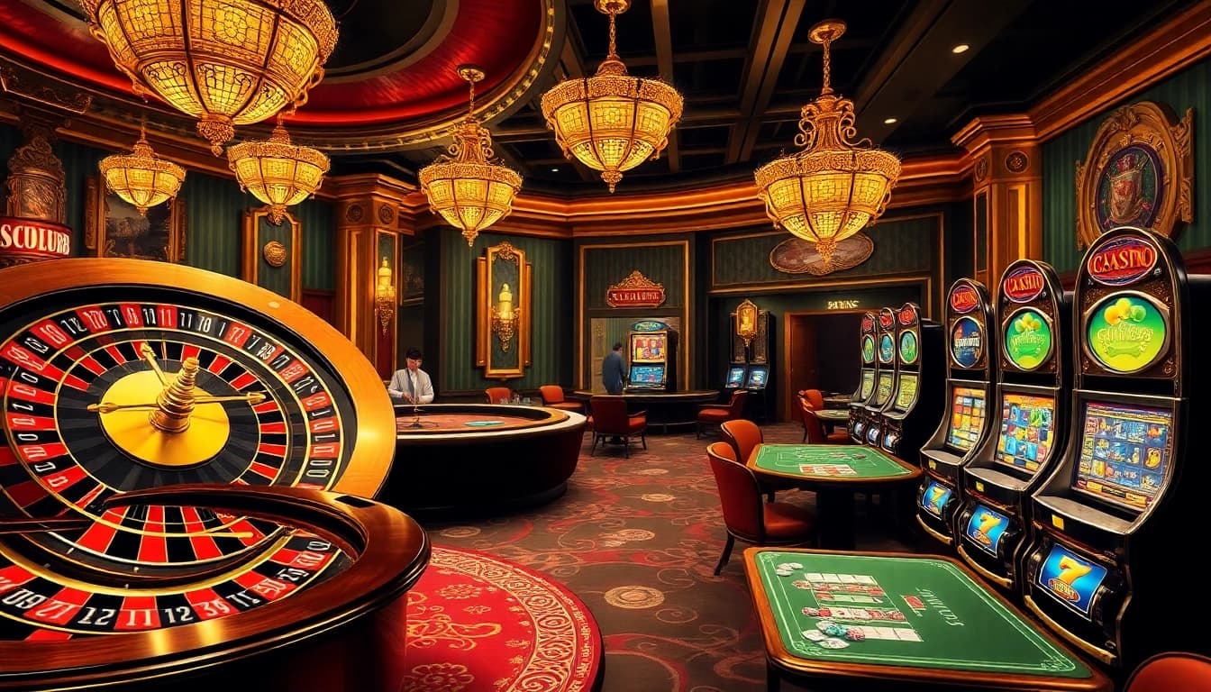 SCLUB88 casino scene featuring vibrant poker tables, roulette wheel, and luxurious decor.