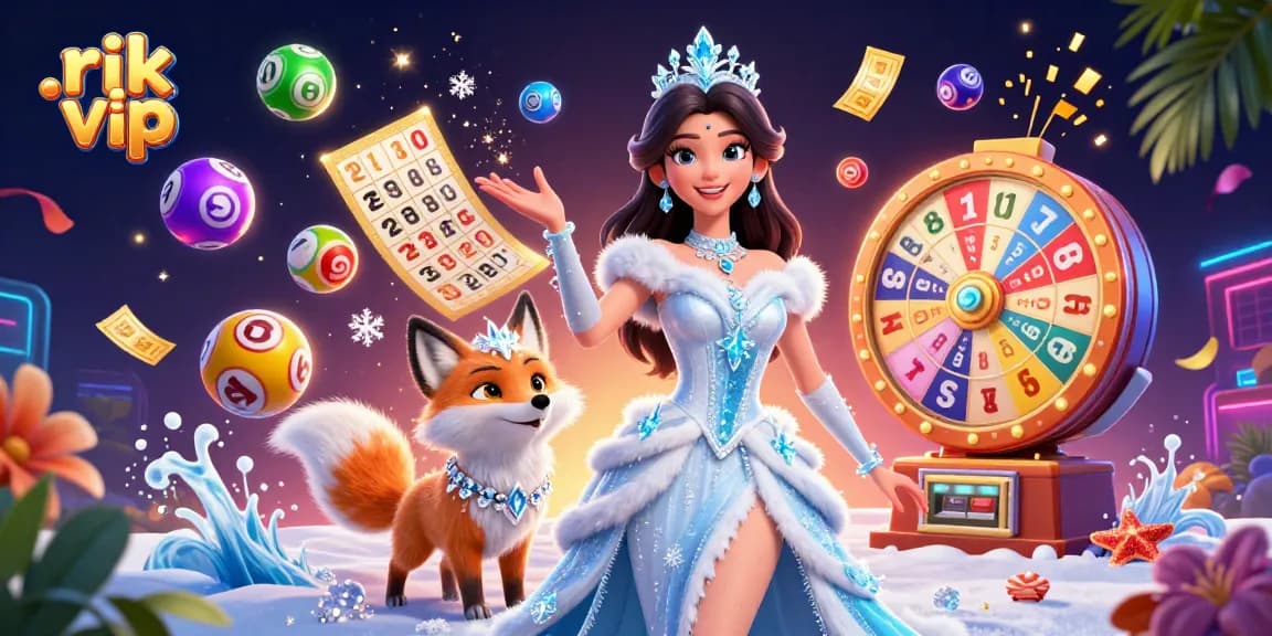 Play exciting games at rik vip, featuring dynamic lottery balls, a beautiful ice queen, and vibrant casino elements.