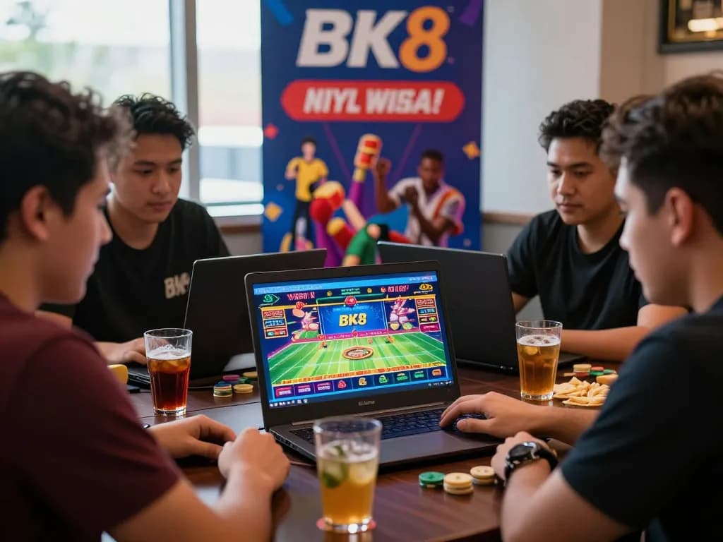 Friends engaging in online betting on BK8, showcasing a lively gambling atmosphere.
