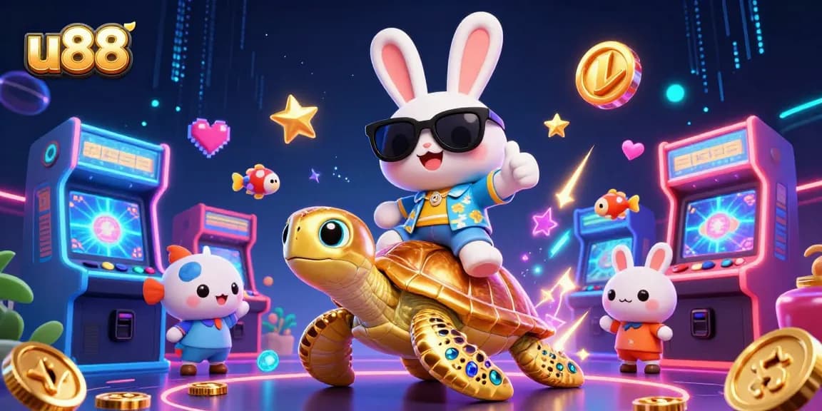 Experience thrilling gameplay with u88, featuring a lucky rabbit and golden turtle in a vibrant casino.
