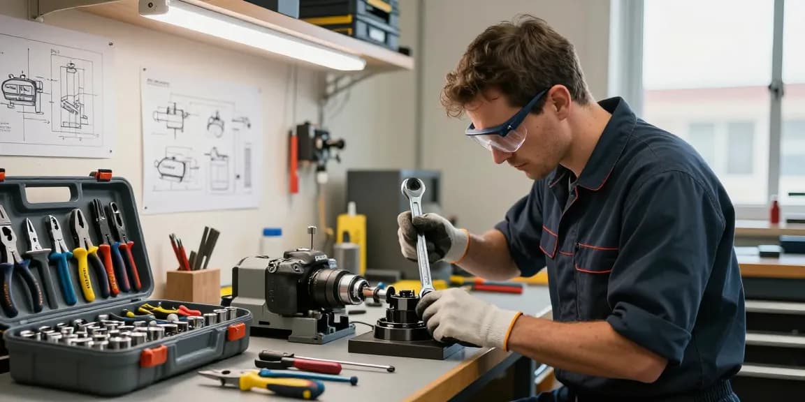 Technician using Gedore tools to repair machinery in a workshop.