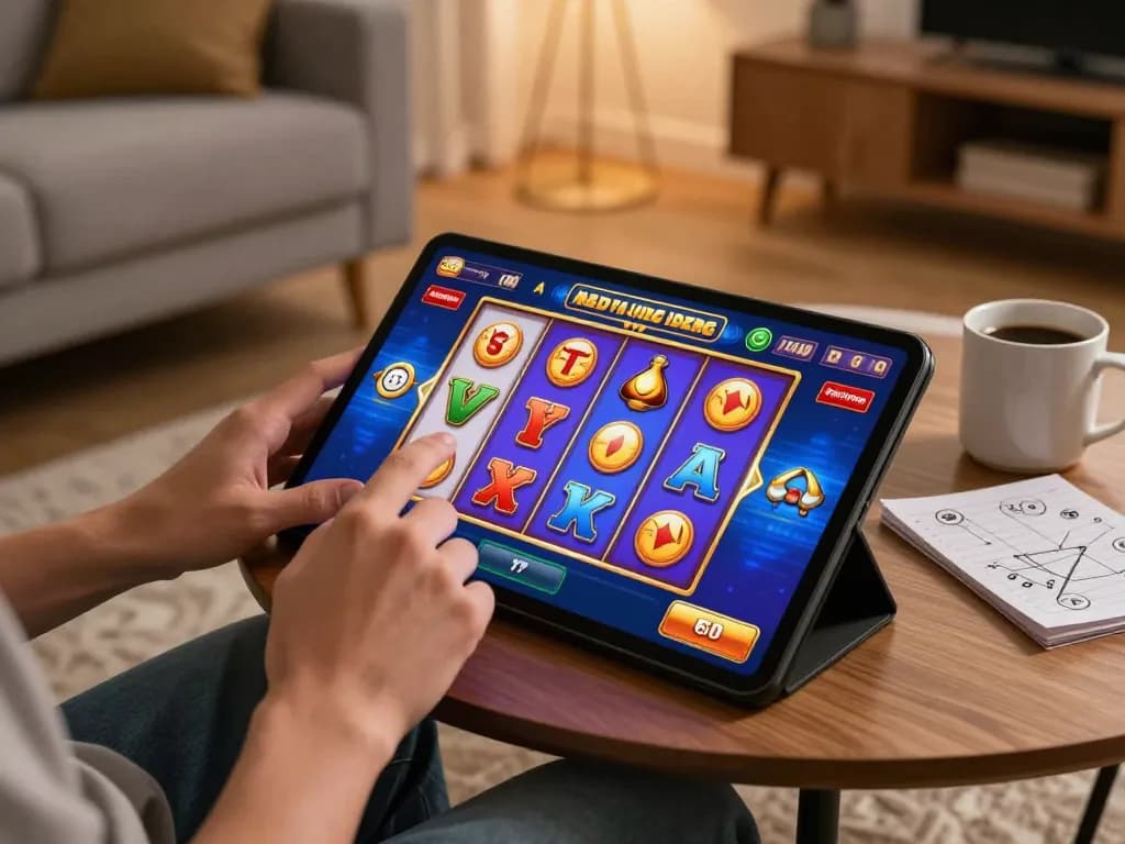 Engaging in Game nổ hũ đổi thưởng on a smartphone, showcasing vibrant slot interface in a cozy home setting