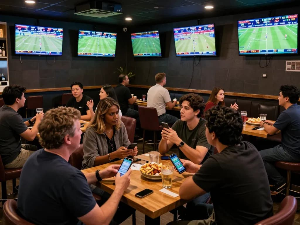Fans engaging with RR88 thể thao betting apps in a lively sports bar atmosphere.