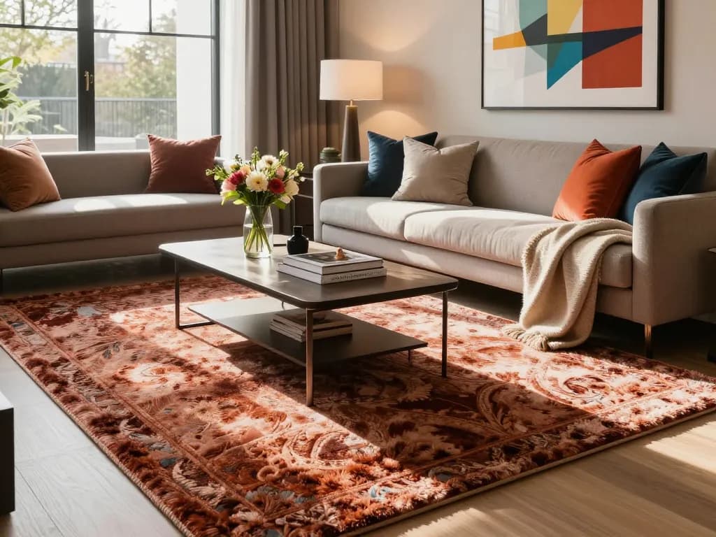 Stylish living room with luxury carpets London, modern decor, warm light.