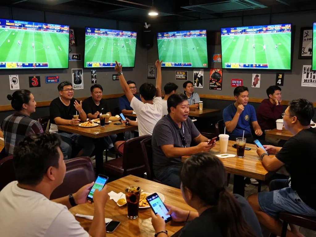 Kèo nhà cái 5 showing dynamic sports betting action with energetic crowd in sports bar.