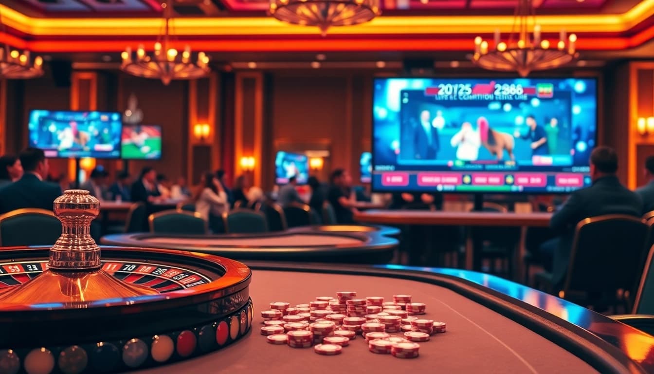 Engaging visual of sv388 online gambling experience featuring a vibrant digital roulette and live cockfighting.