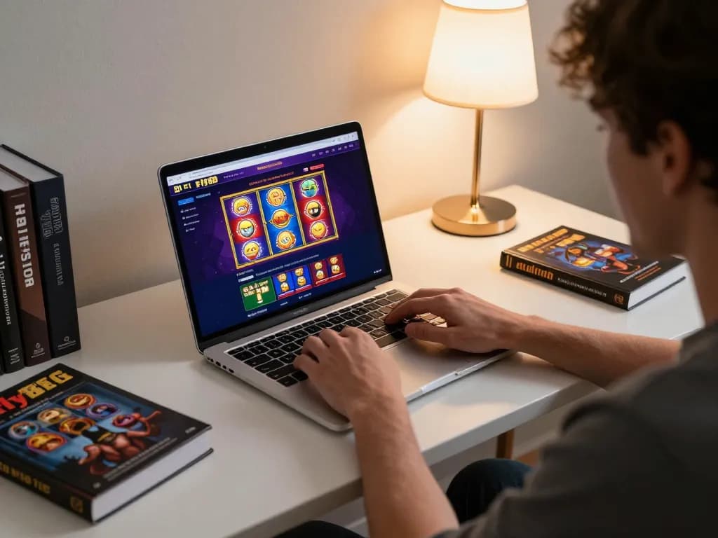 Engaging with Fly88 online slots game on a stylish home setup, showcasing a modern and inviting atmosphere