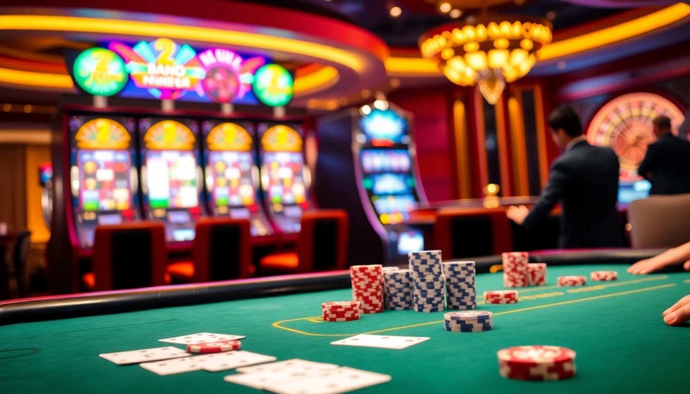 Excited players enjoying a poker game at 68VIP casino, surrounded by vibrant slot machines and roulette tables.