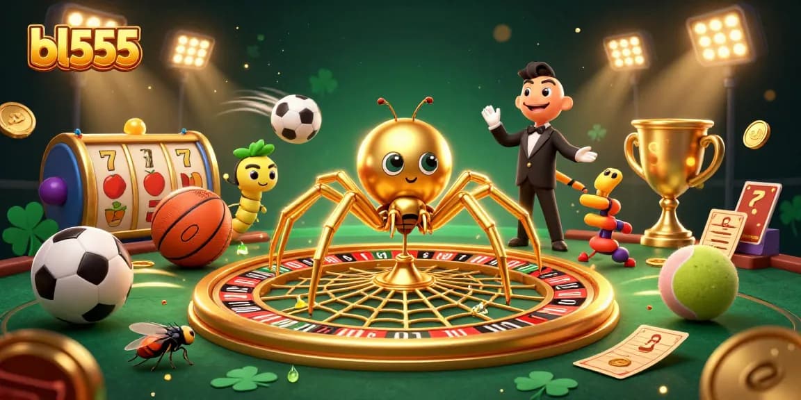 Experience thrilling gameplay at bl555 with a vibrant 3D scene of a golden roulette web and a centipede croupier.
