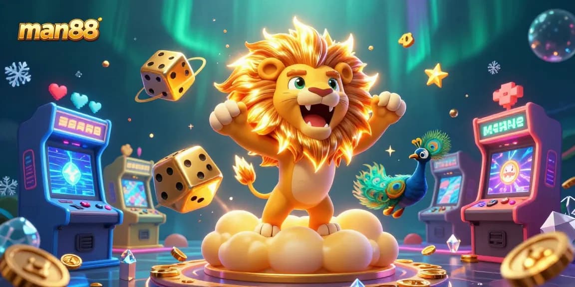 Engage with man88 featuring a roaring golden lion and dynamic casino elements in a vibrant 3D illustration.