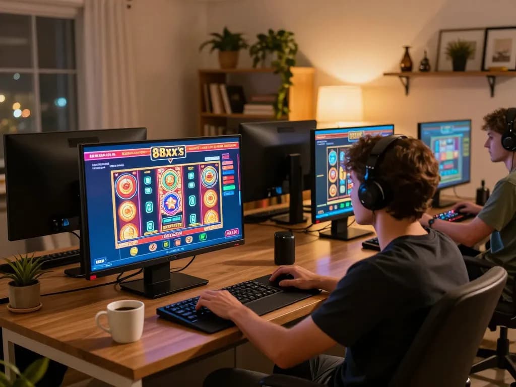 Player enjoying online slots at 88xx in a cozy living room, showcasing engaging gameplay experience.