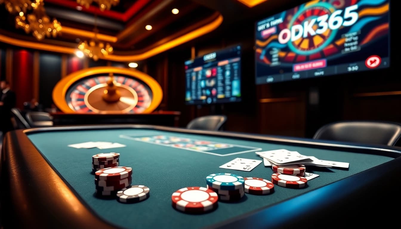 Engaging gamers at a high-stakes OK365 casino table with vibrant poker chips.