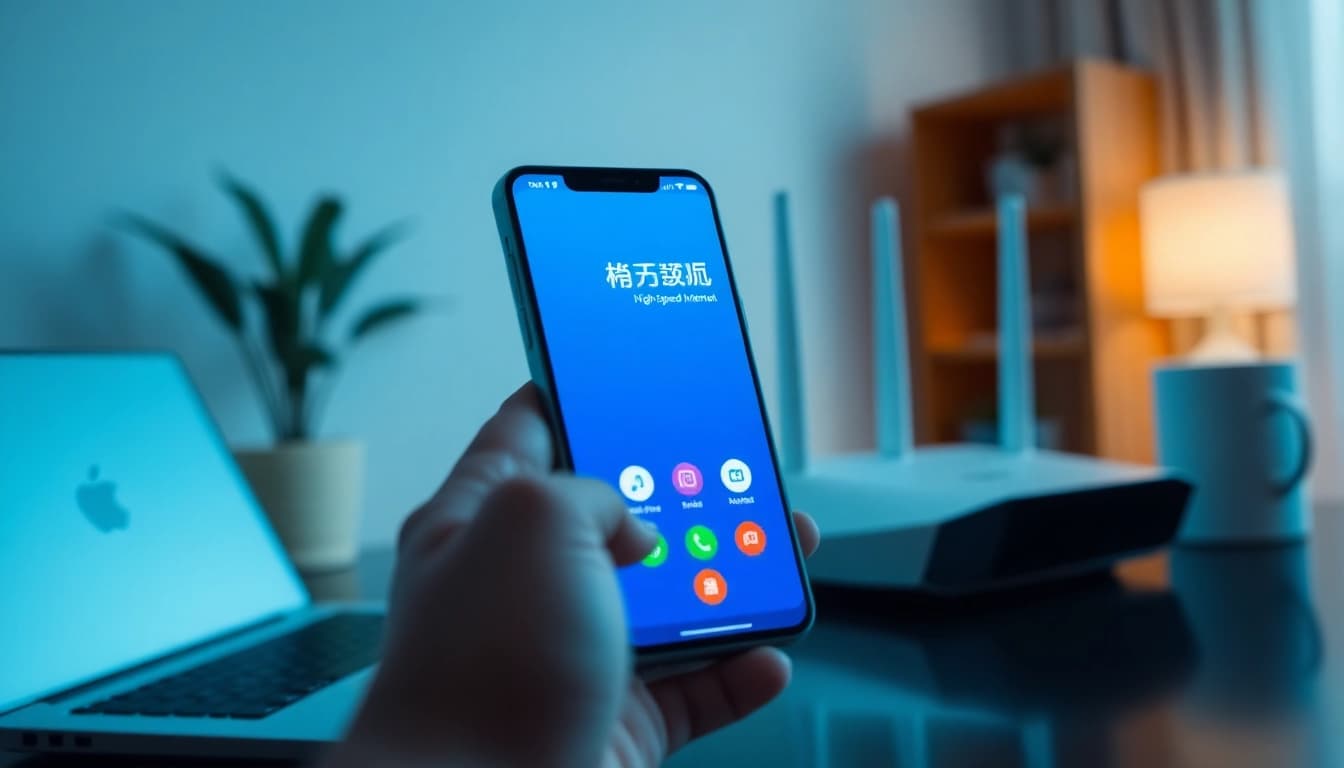 现代家庭办公室中智能手机上的快连下载应用界面。