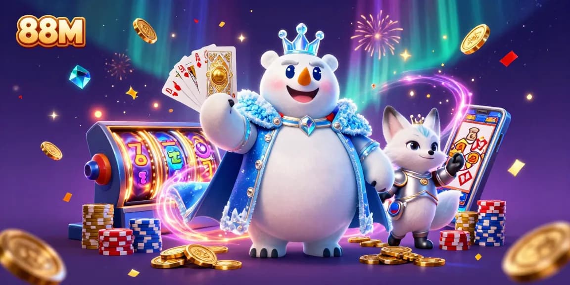 88M slot machine experience features a polar bear king and a snow fox amidst vibrant casino elements.