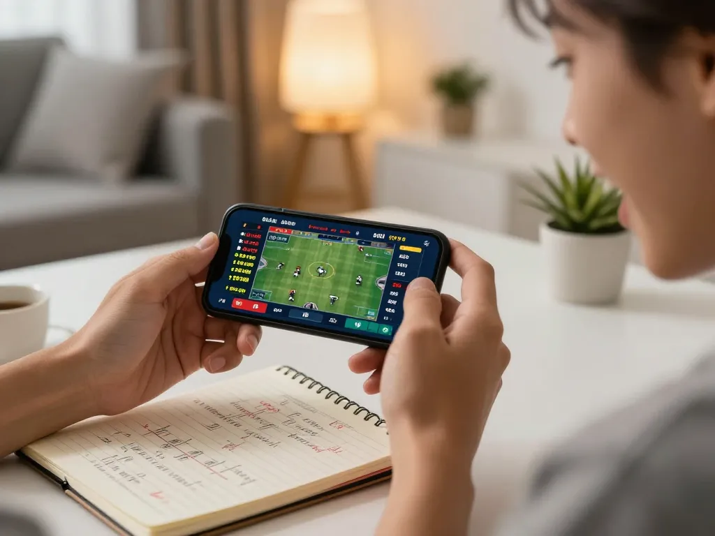Engaged bettor reviewing odds on 057789 during an exciting sports match.