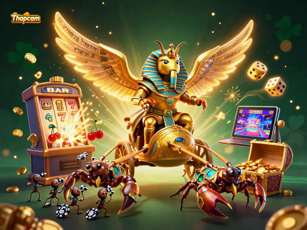 Thapcam offers thrilling casino experiences with a vibrant illustration of lucky symbols showering down.