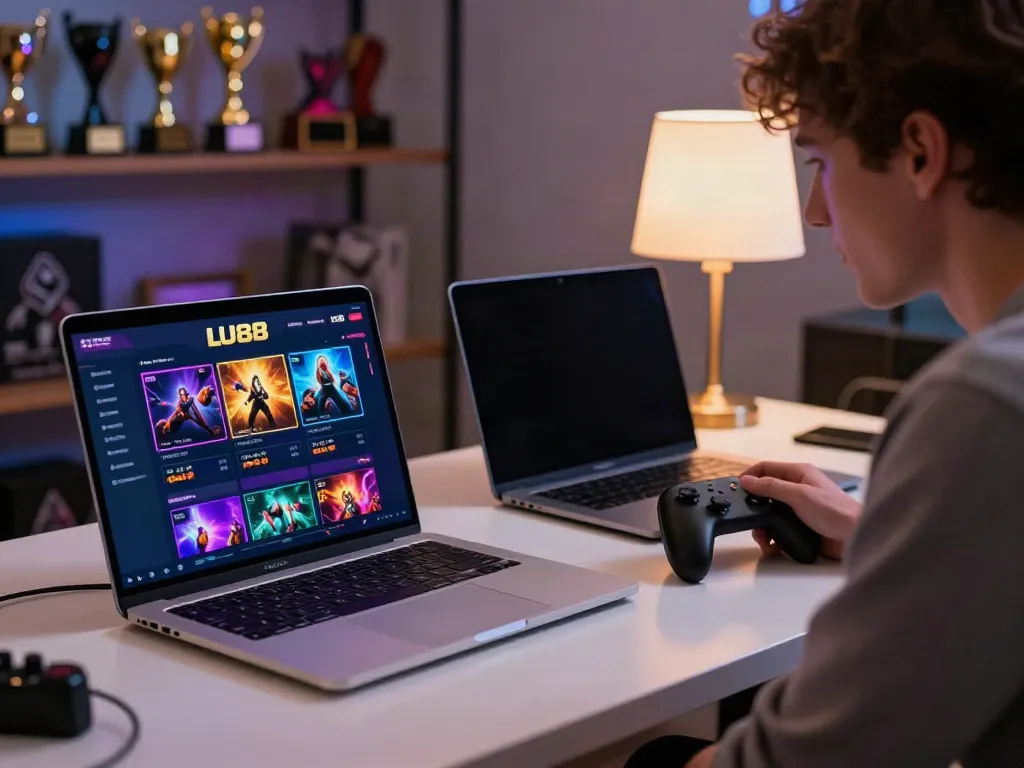 Engaging LU88 gaming scene with laptop and smartphone showcasing online betting options