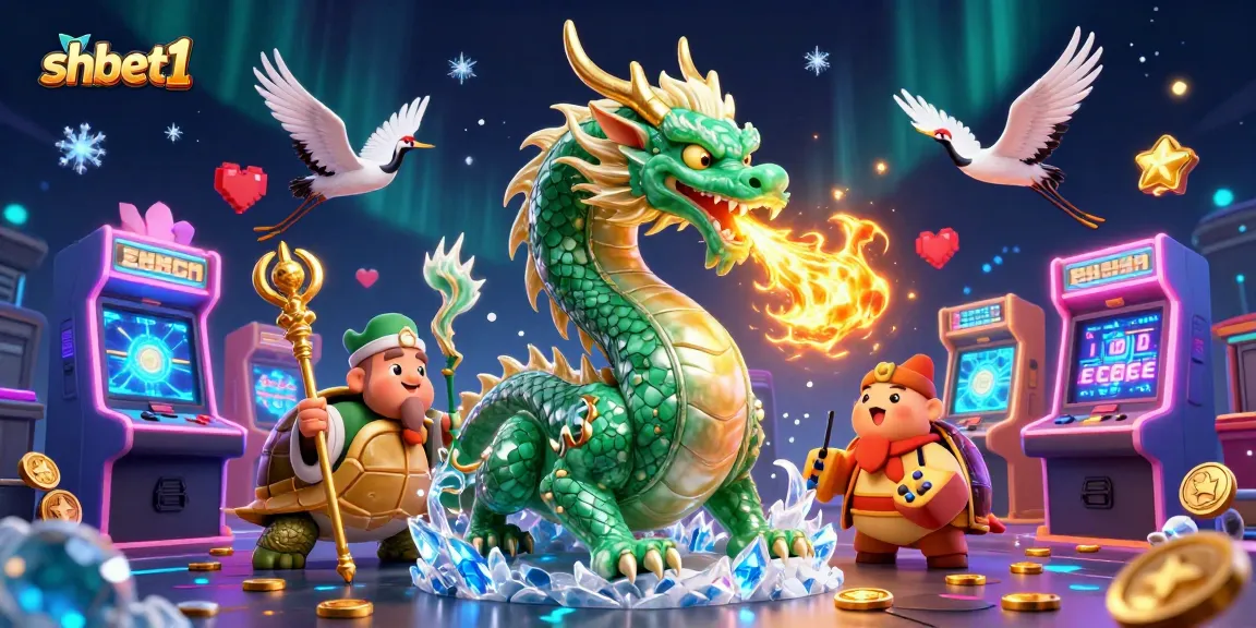 Experience gaming excitement with shbet1 in a vibrant 3D scene featuring enchanting dragons and lucky cranes.