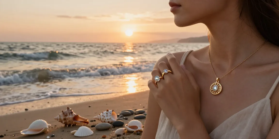 Beautiful woman wearing a recycled gold engagement ring on a beach at sunset.