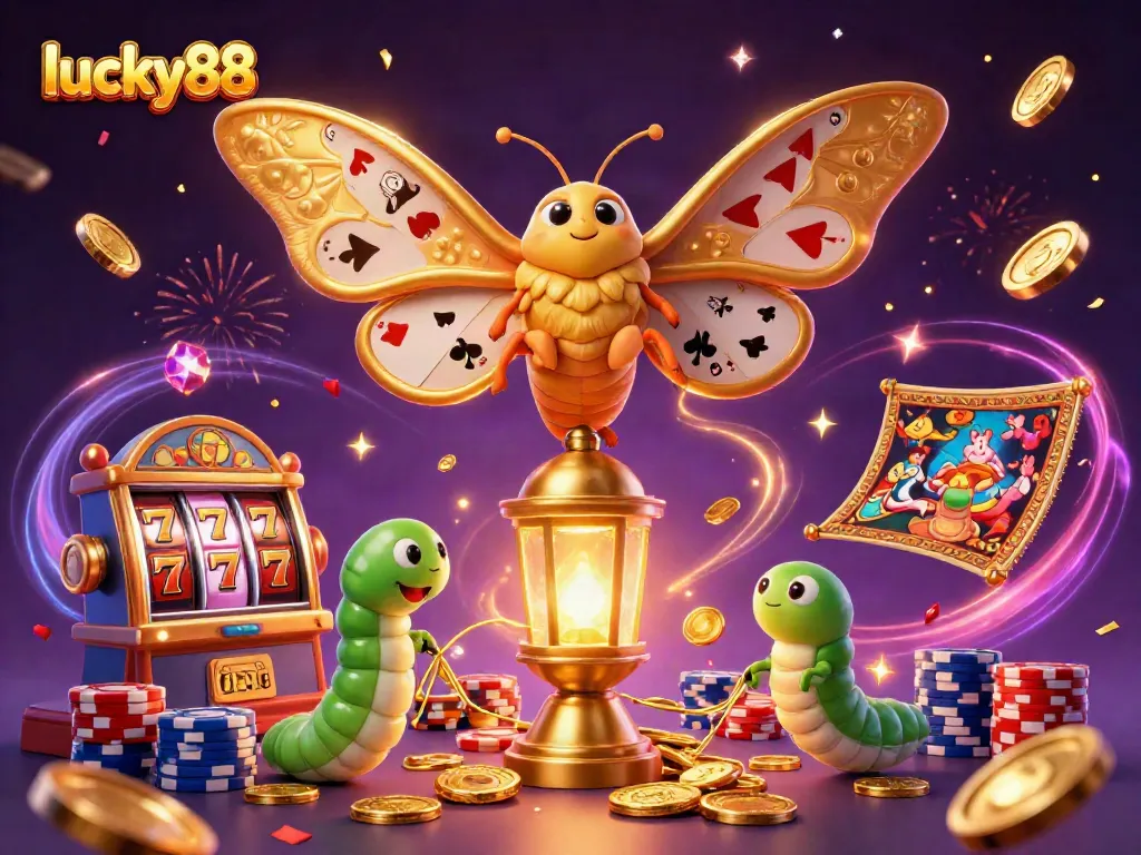 Spin to win with lucky88 in this vibrant 3D casino scene featuring colorful slot machine reels.