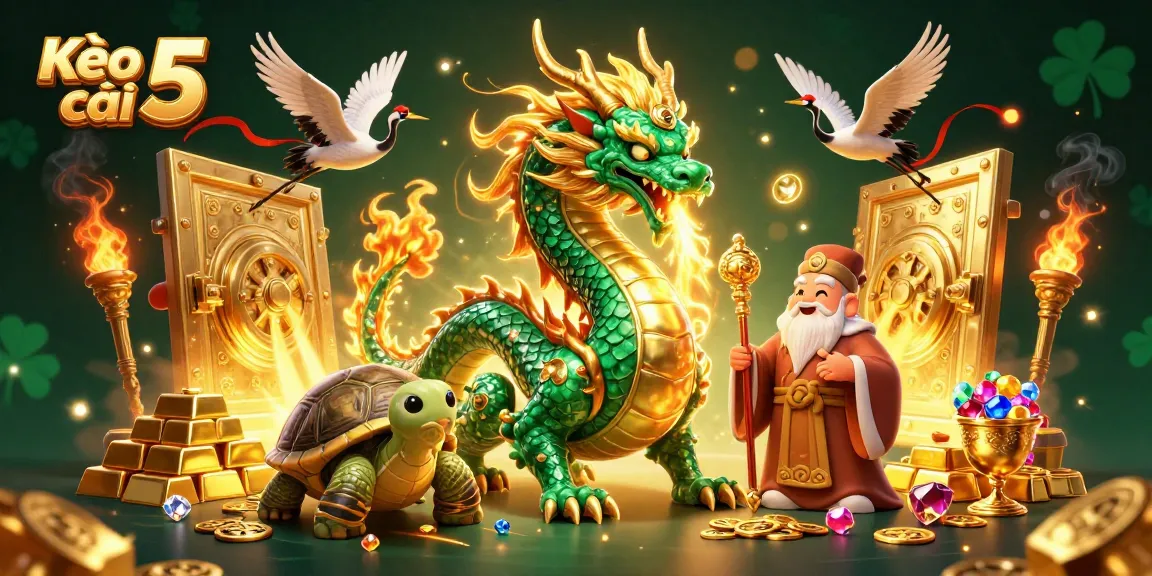 Engage with Kèo nhà cái 5, showcasing a vibrant 3D illustration of a jade dragon, turtle sage, and lucky cranes in a rich casino setting.