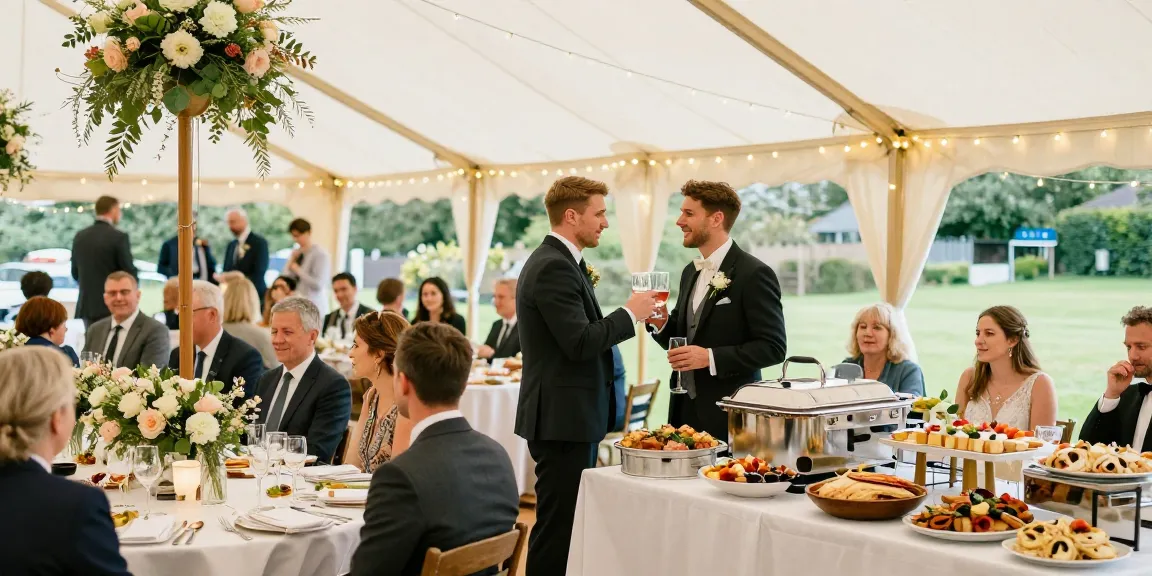 Stunning wedding reception under marquee hire London with guests celebrating.