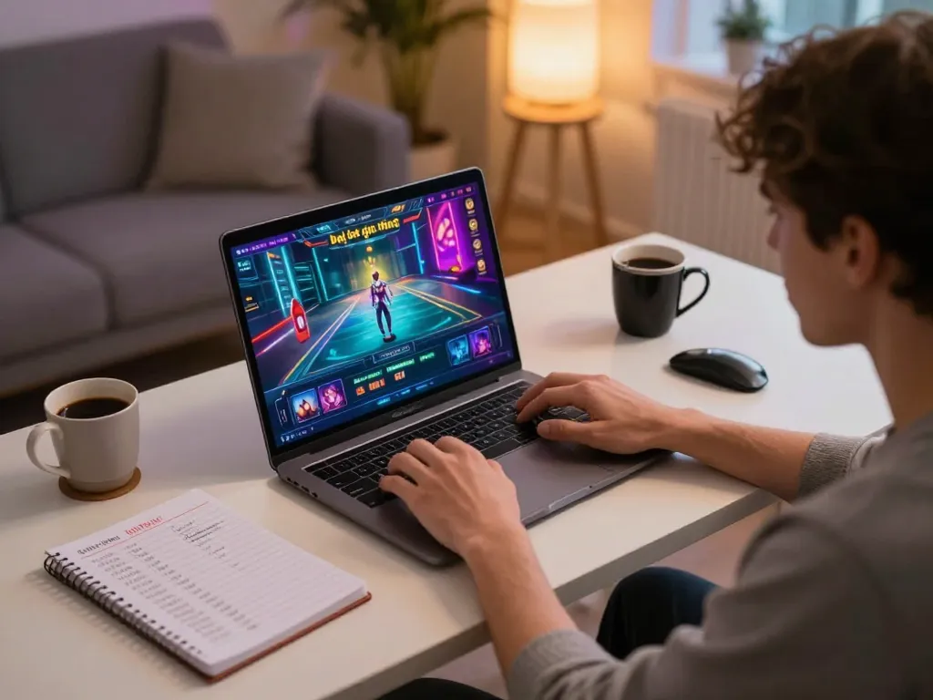 Player enjoying game bài đổi thưởng on a laptop in a cozy home setting with strategic notes.