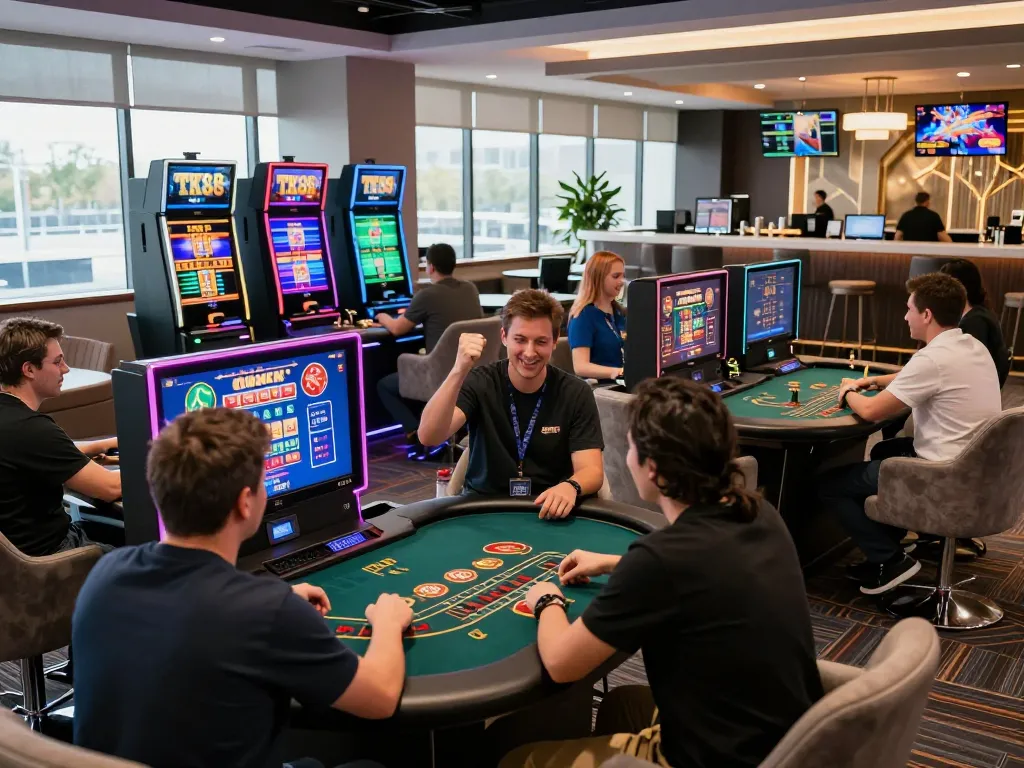 Exciting casino gaming atmosphere at TK88, featuring players at modern tables.