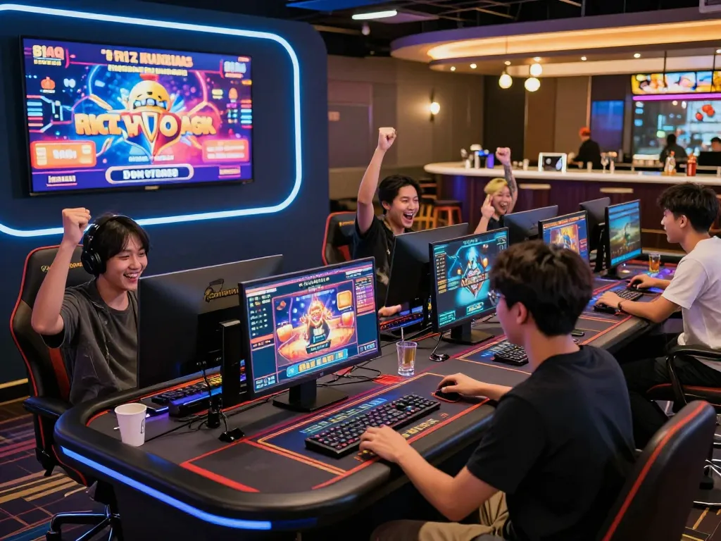 Diverse players enjoying games at the B52 online gaming platform, showcasing excitement and interaction in a vibrant virtual casino.