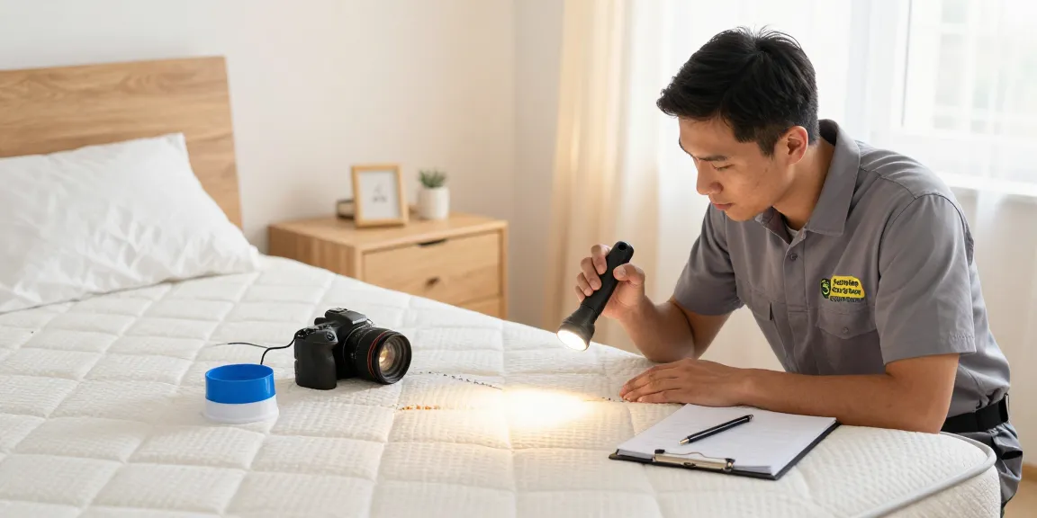 Bed bug exterminators inspecting a mattress in a bright bedroom for effective pest control solutions.