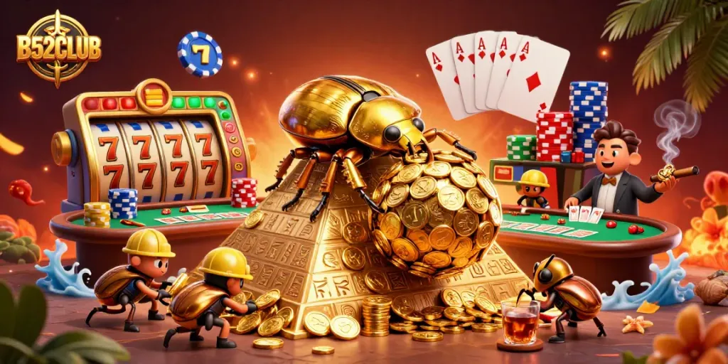 B52CLUB showcases a golden dung beetle rolling coins atop a pyramid in a vibrant casino scene.