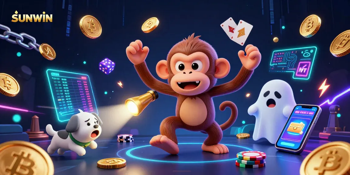 SUNWIN gaming experience featuring a mischievous monkey juggling coins in a haunted casino.