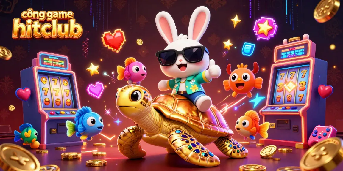 Engage with cổng game hitclub featuring a lucky rabbit and sea turtle in a vibrant casino world.