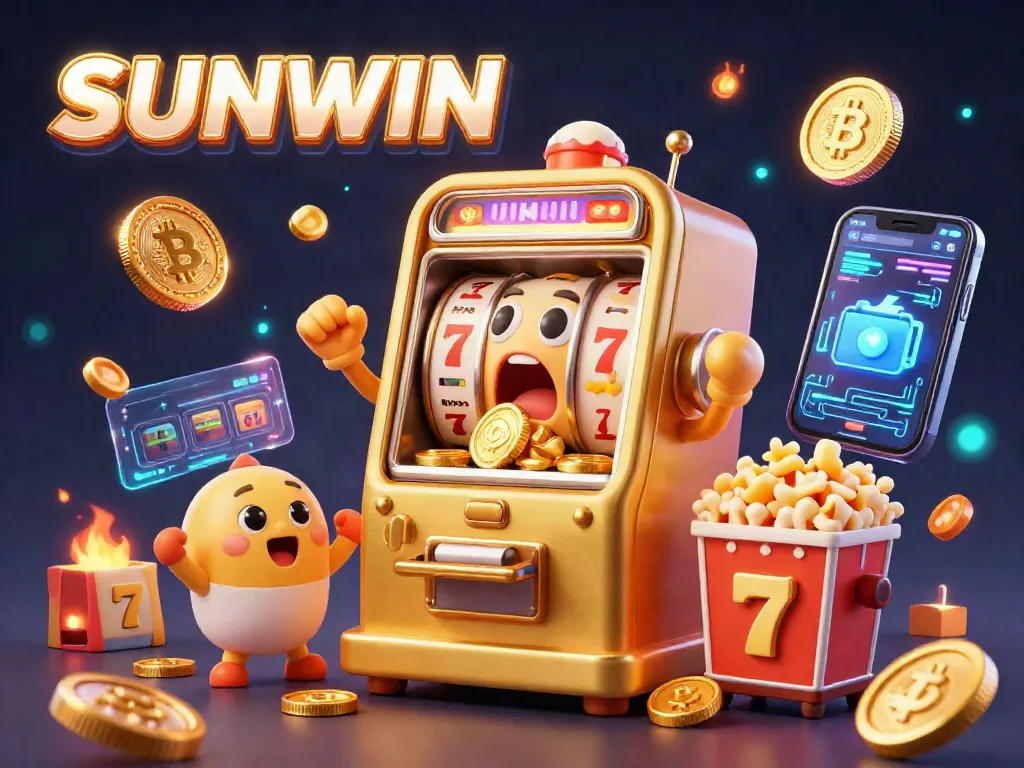 SUNWIN slot machine celebrates hitting a jackpot amidst swirling coins and vibrant crypto elements.