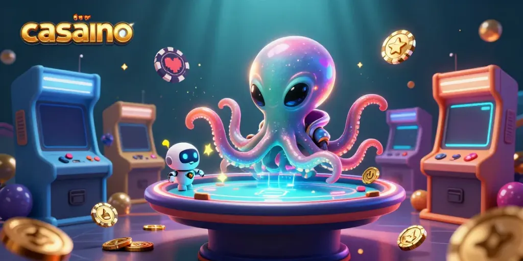 Alien octopus and robot at a vibrant casino-themed holographic table, showcasing gaming excitement.