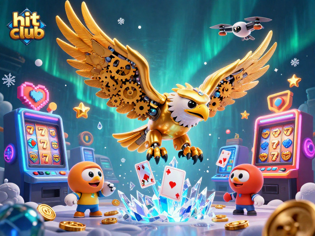 Experience thrilling gameplay at hit club with a golden eagle surrounded by colorful casino elements.