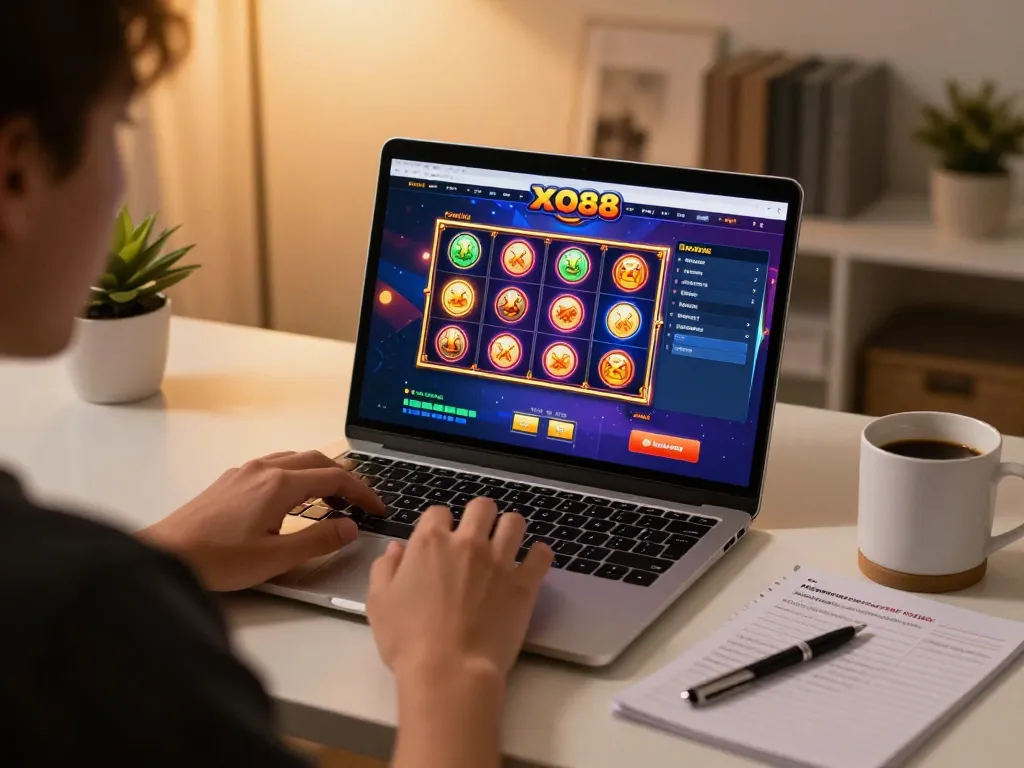 Enjoying online gaming at https://xo88tv.com/ with a laptop displaying vibrant slot graphics and strategy notes.