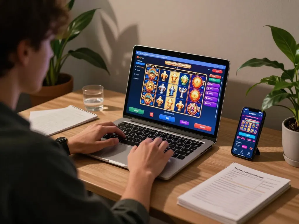 Engaging in slot games on lc88, person using laptop for online gaming with vibrant visuals.