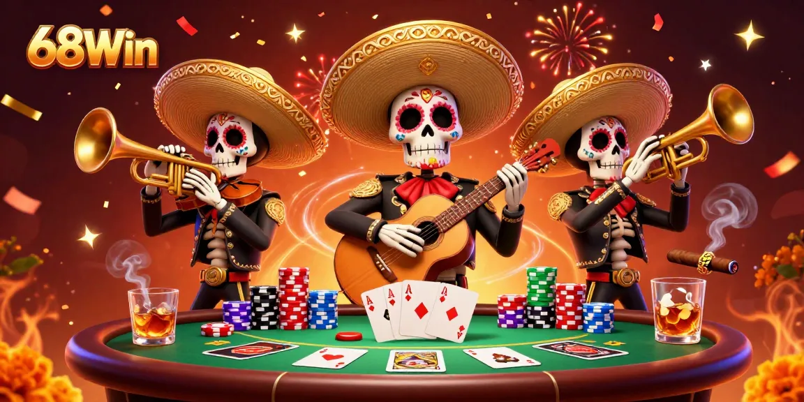 Experience thrilling poker action with vibrant 68Win skeleton mariachi characters amidst colorful casino elements.