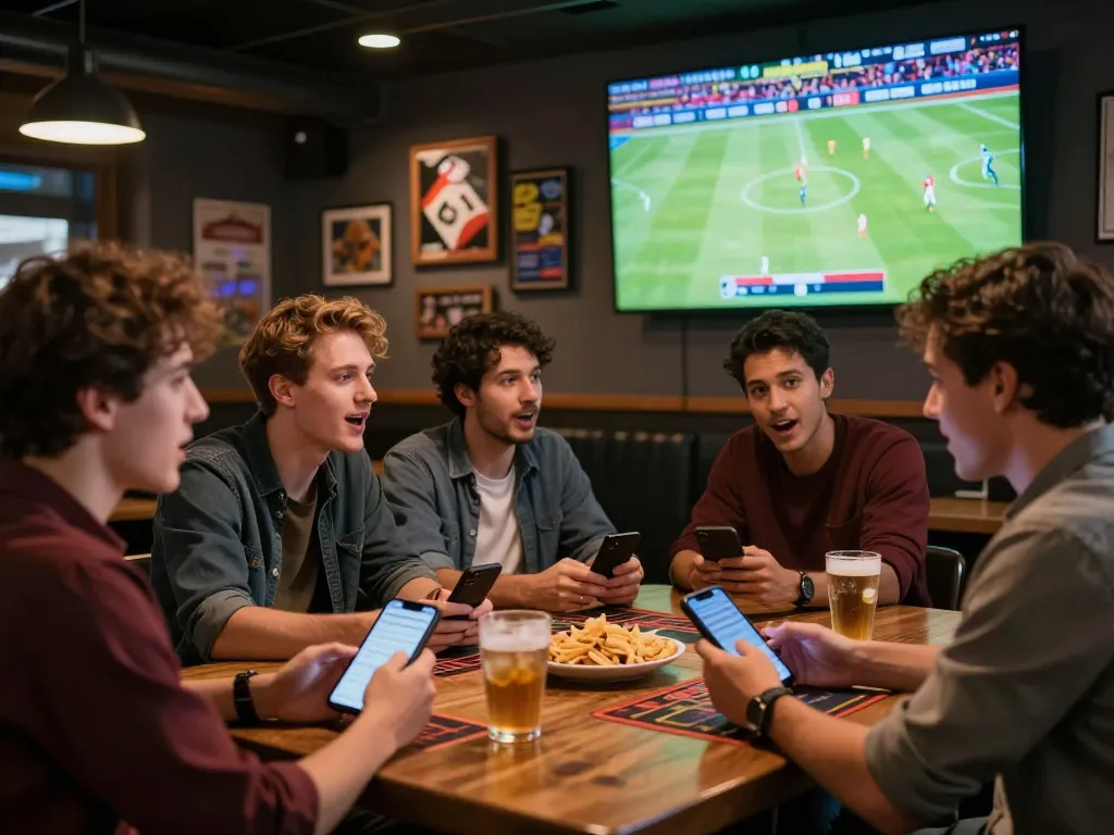 Engaged friends enjoying sports betting at a modern bar, smartphone showing de bet sports app for live odds.
