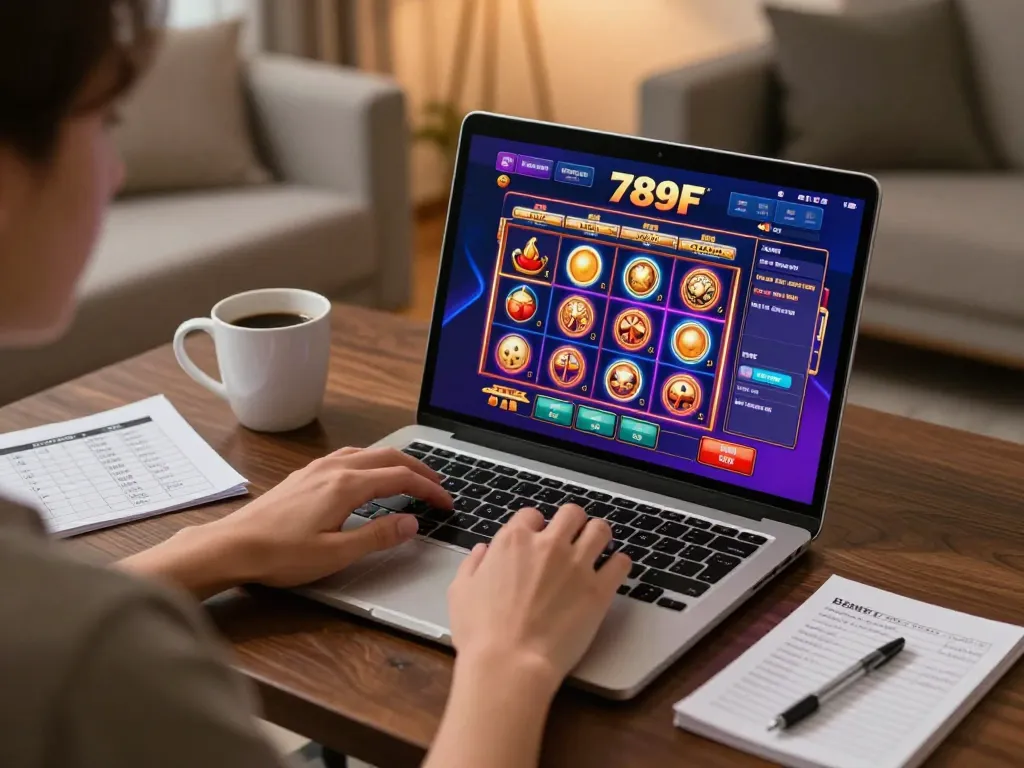 Engaged user exploring 789F casino games on a laptop in a comfortable home setting.