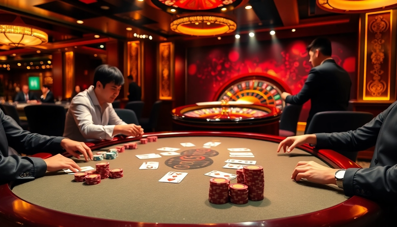 Experience the thrill of 23win poker with a luxurious casino scene showcasing high-stakes action and vibrant colors.