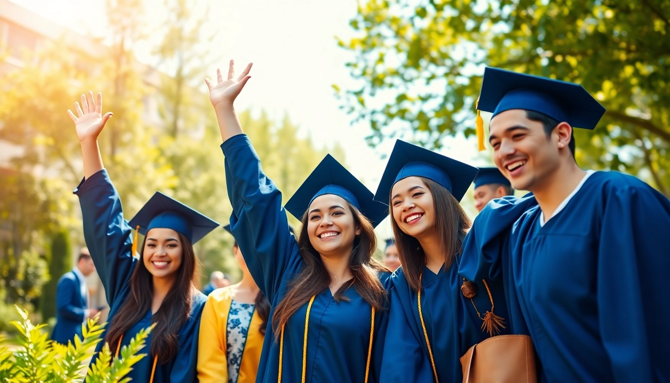 Graduates celebrating their achievements outdoors, showcasing joy and camaraderie.