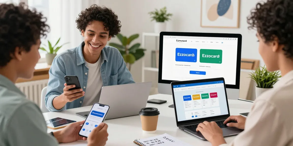 Individuals engaging with Ezzocards in an online shopping setting, showcasing a dynamic and modern financial experience.