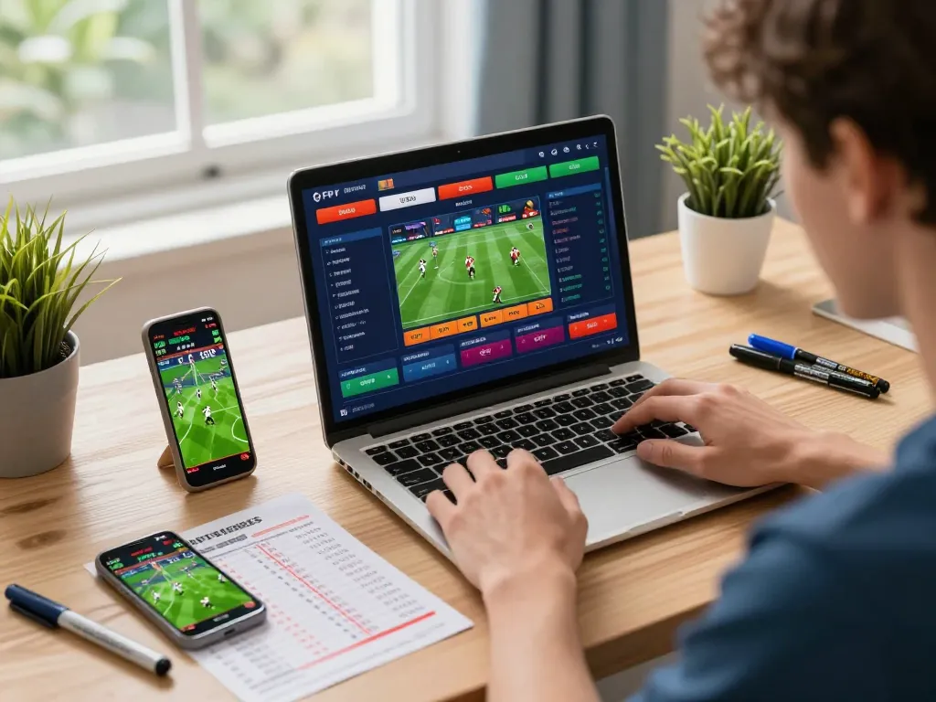 Engaging scene depicting a player using trang cá cược uy tín on a laptop with sports memorabilia.