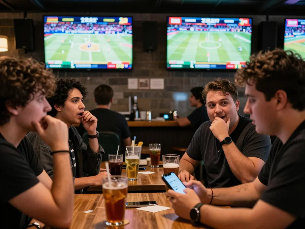 Sports enthusiasts placing bets while checking soi keo nha cai odds on their smartphones in lively bar setting