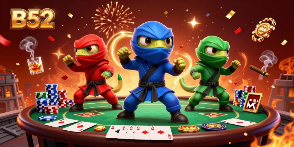 B52 casino adventure with ninja chameleons showcasing poker skills surrounded by colorful chips and cards.